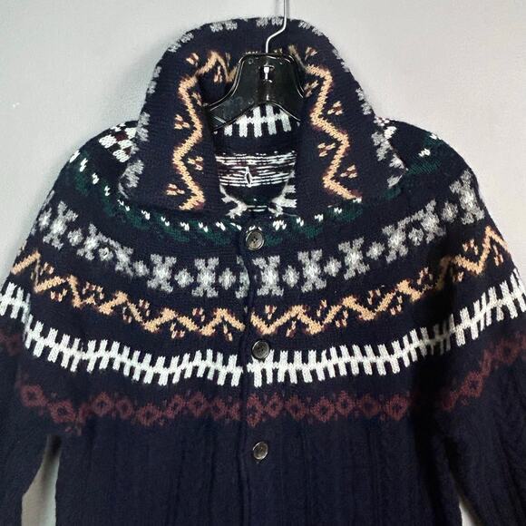 Men’s Fair Isle Cardigan Sweater Large Wool Italy Slim Fit Cable Knit Fisherman